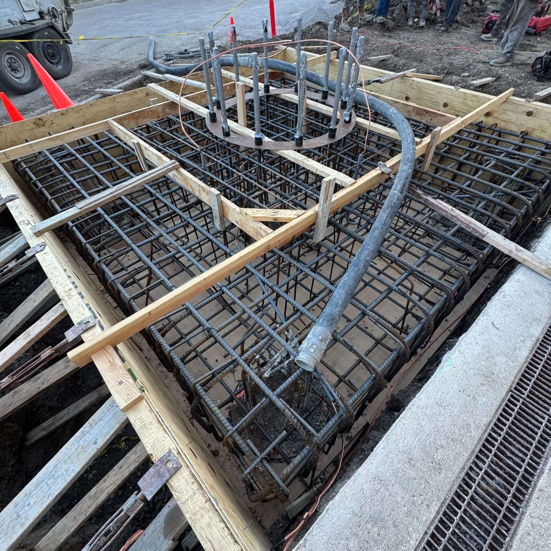 custom commercial foundation with rebar wood and piping